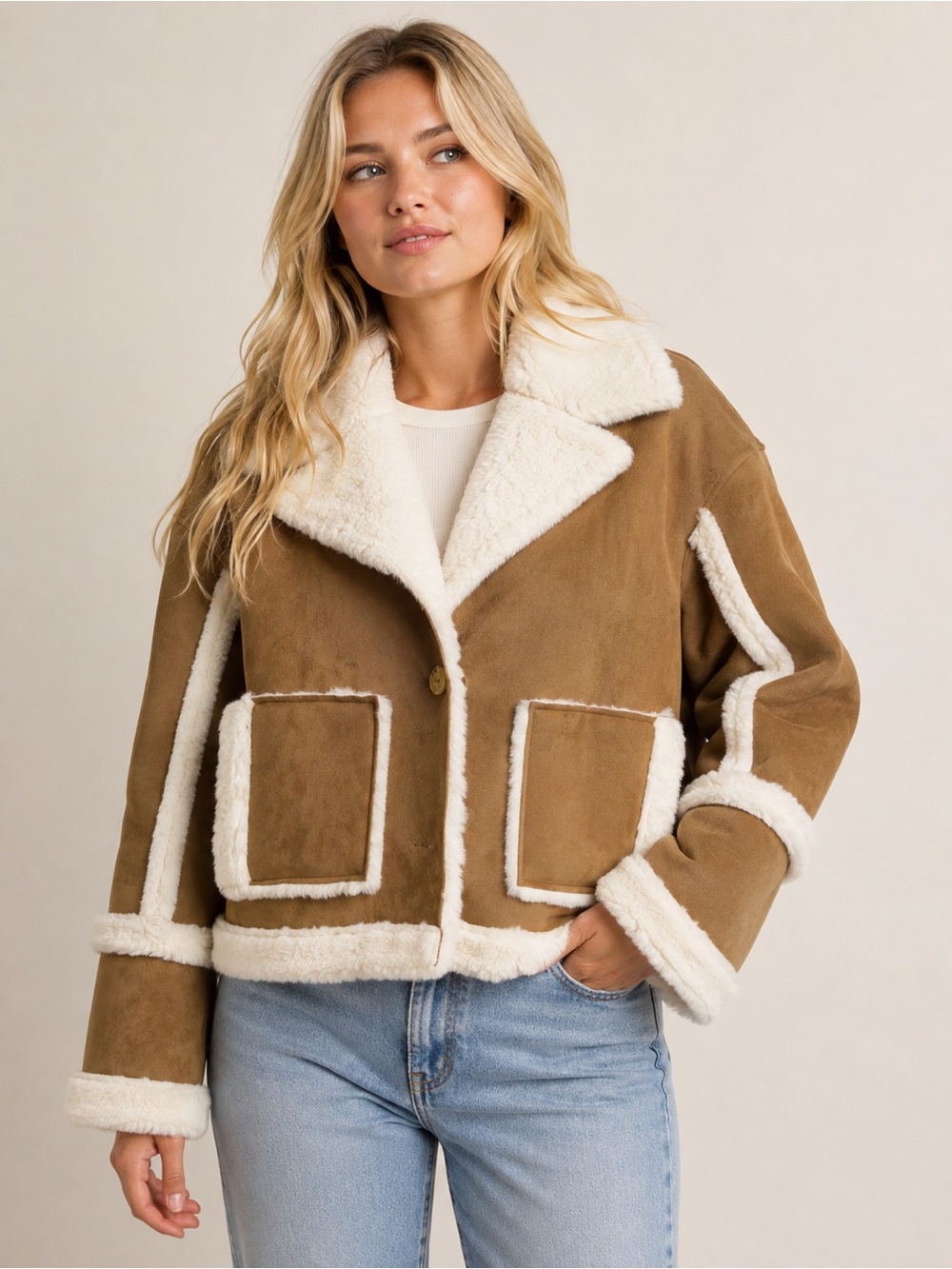Promesa button-up faux suede jacket with faux shearling trim in tan/white